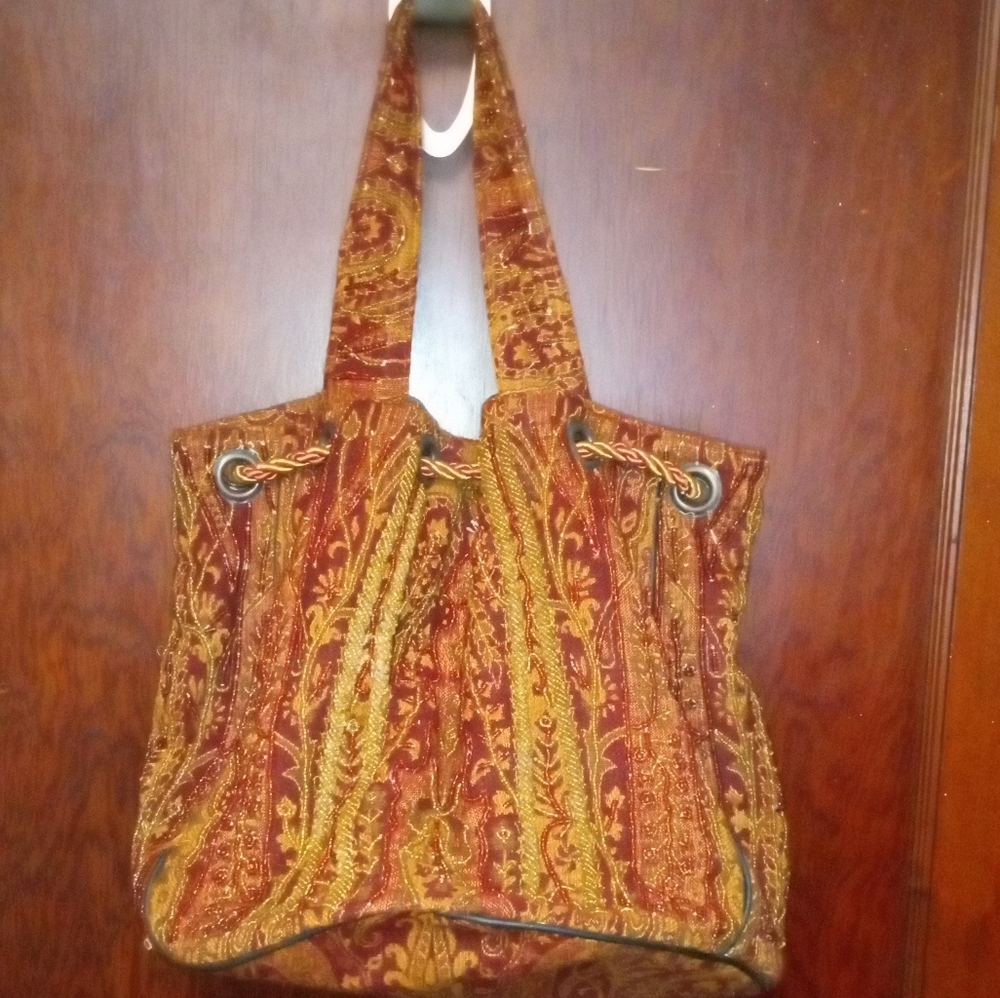 Newport News Beaded Multi colored Tapestry hobo bag w/corded tie black b… - Picture 6 of 6